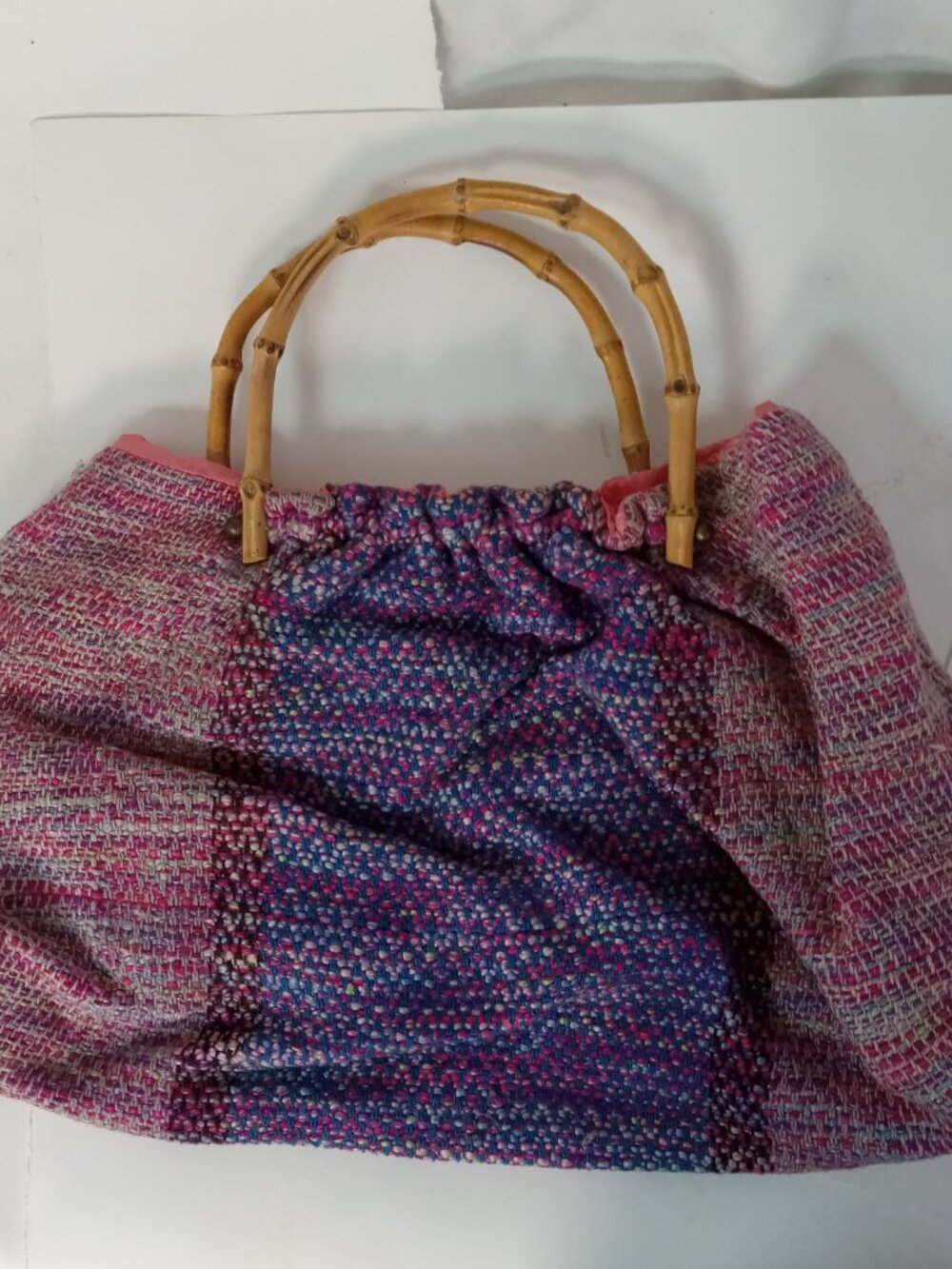 Vintage Hand Woven Fabric Textile Handbag Purse Pink Blue Bamboo Handles - Picture 9 of 15